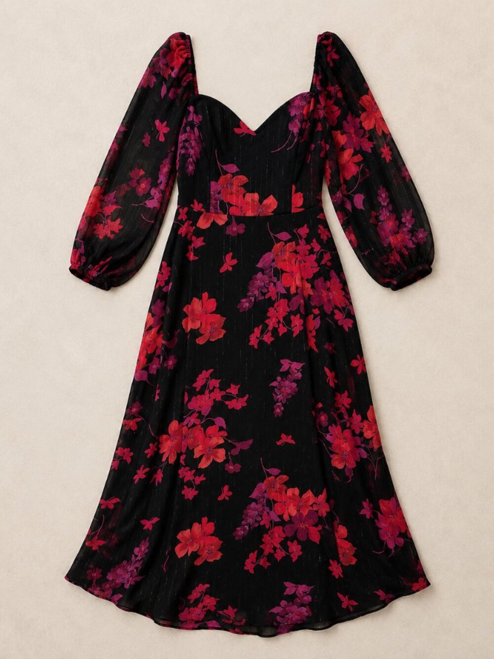 Premier Amour Black Red Floral Midi Dress Size 16 Sheer Sleeve